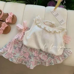 Conjunto de 2 peças de colete floral para meninas, lindo vestido sem mangas, saia casual para princesa, doce e elegante, 2023, verão