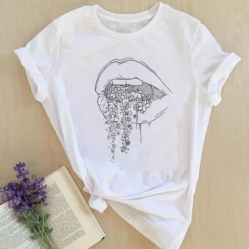 Women Print Tops Tees Sexy Lip Watercolor 2022 Female Ladies Summer Fashion Lady Tshirt Clothes Short Sleeve Graphic T-Shirt