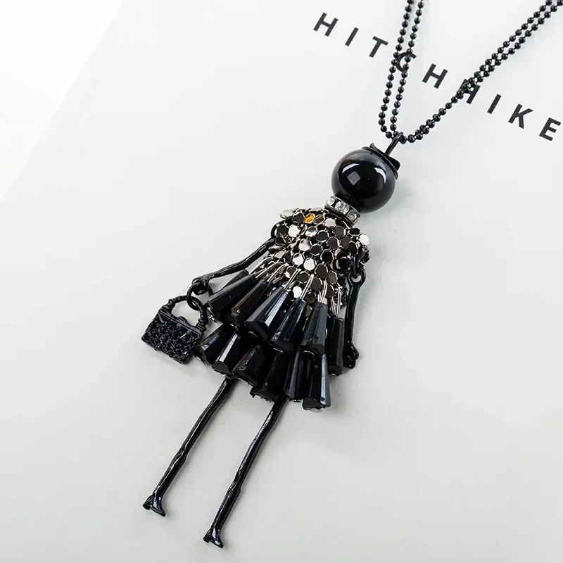 Korean Fashion Women\'s Sweater Chain Necklace Black Red Cartoon Doll Pendant Beads Link Necklaces For Women Christmas Gift