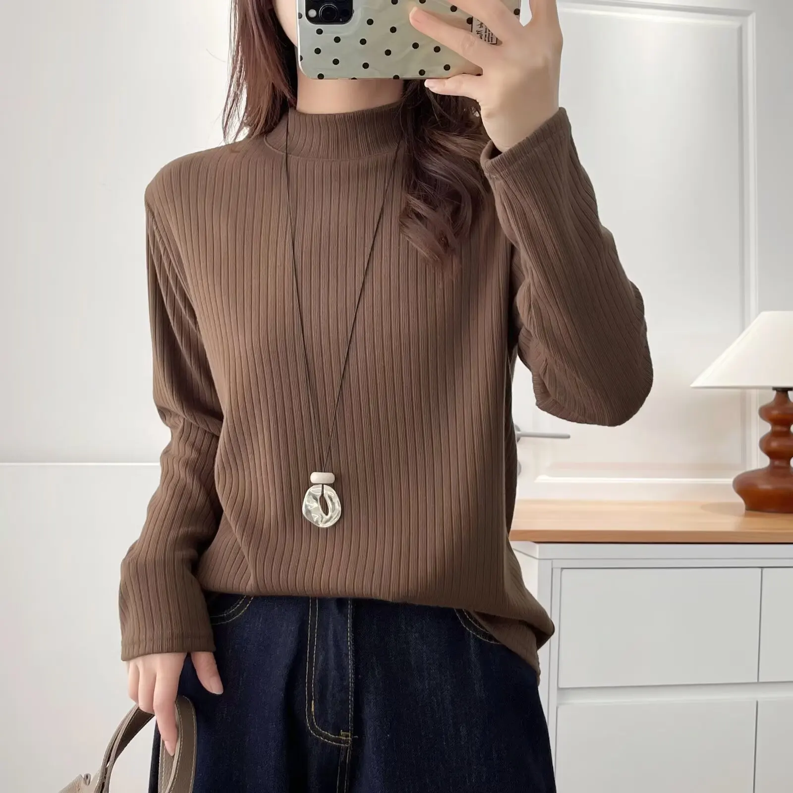 

XXXXL Fashion Plus Size Woman Clothing T-Shirt New Autumn And Winter Style Mock Neck Striped Long Sleeved Base Inner Tops 2585