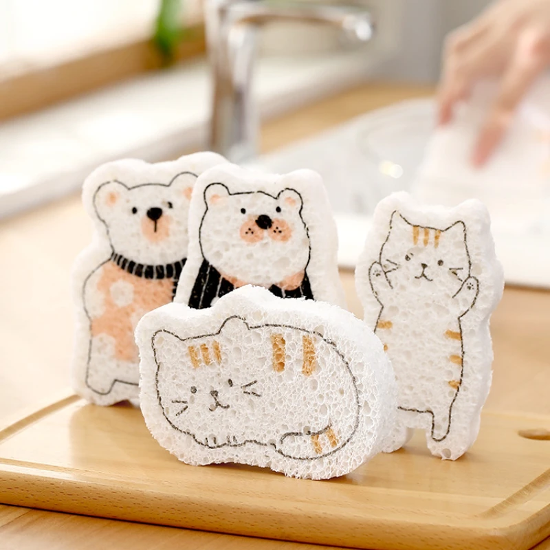 Cartoon Cute Cat Bear Wood Pulp Cotton Sponge Brush Non-stick Oil Rag Cleaner Household Cleaning Supplies Kitchen Cleaning Tools