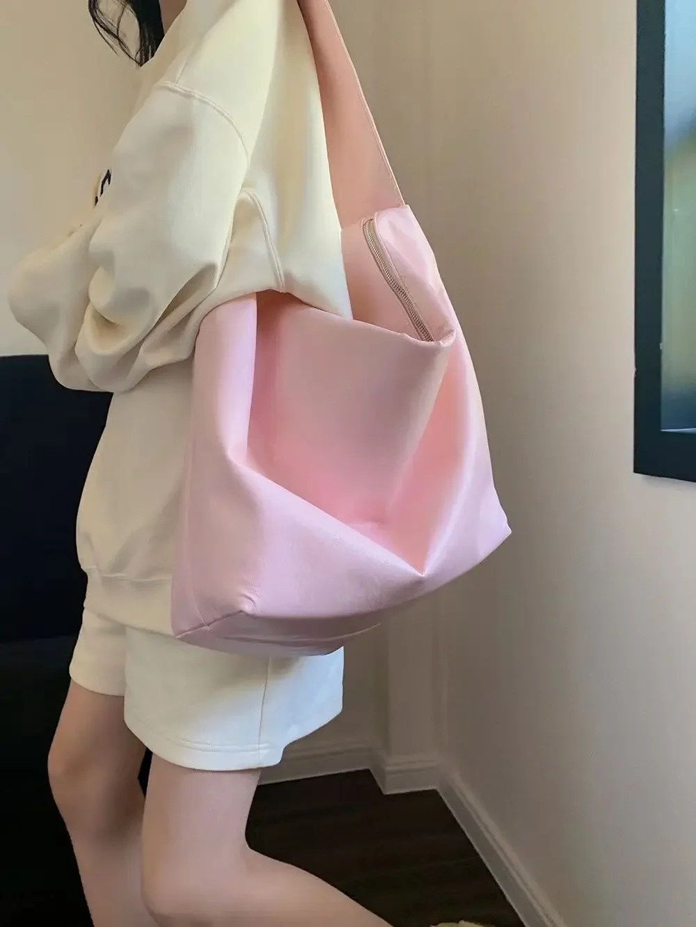 Women Tote Crossbody Bags High Capacity 2023 New Solid Color Pink Sweet Zipper PU Japanese And Korean Style Luxury Elegant