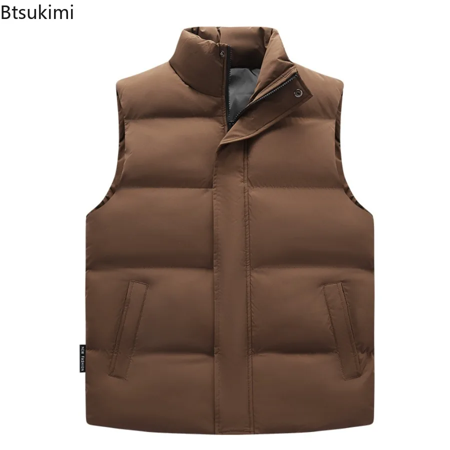 2025 Winter New Down Cotton Vest for Men Solid Color Stand Collar Versatile Sleeveless Vest Cold Resistant Warm Cotton Waistcoat