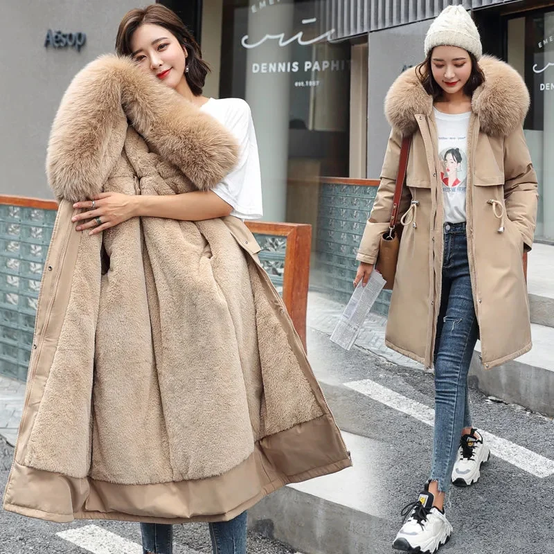 Winter Jacket 2025 New Women Parka Clothes Long Coat Wool Liner Hooded Jacket Fur Collar Thick Warm Snow Wear Padded Parka