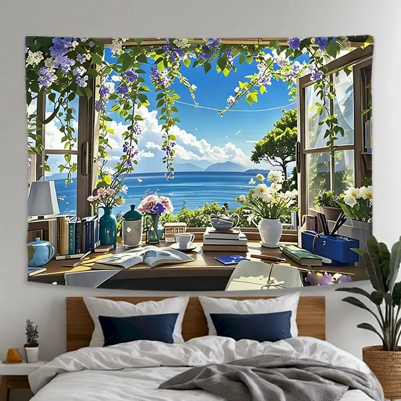 VIKAMA Flower Window Ocean Tapestry Wall Hanging, 6 Designs, Wall Decor for Bedroom Living Room Dorm