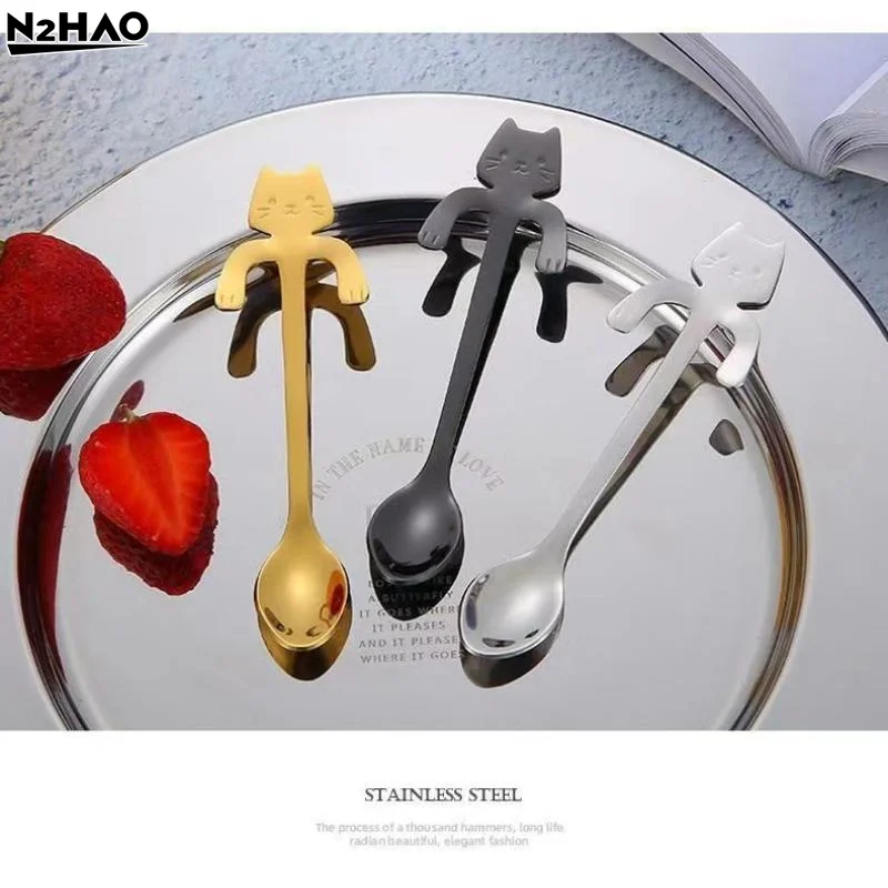 Stainless Steel Cute Cat Hanging Spoons Smooth Edge Lovely Design Fit For Coffee Tea Dessert Home Use