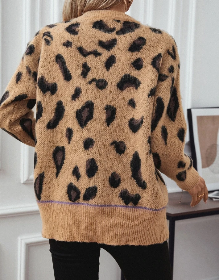 Long sleeved leopard print jacquard brushed sweater  2025 autumn winter spring new fashion casual pullover tops Female clothing