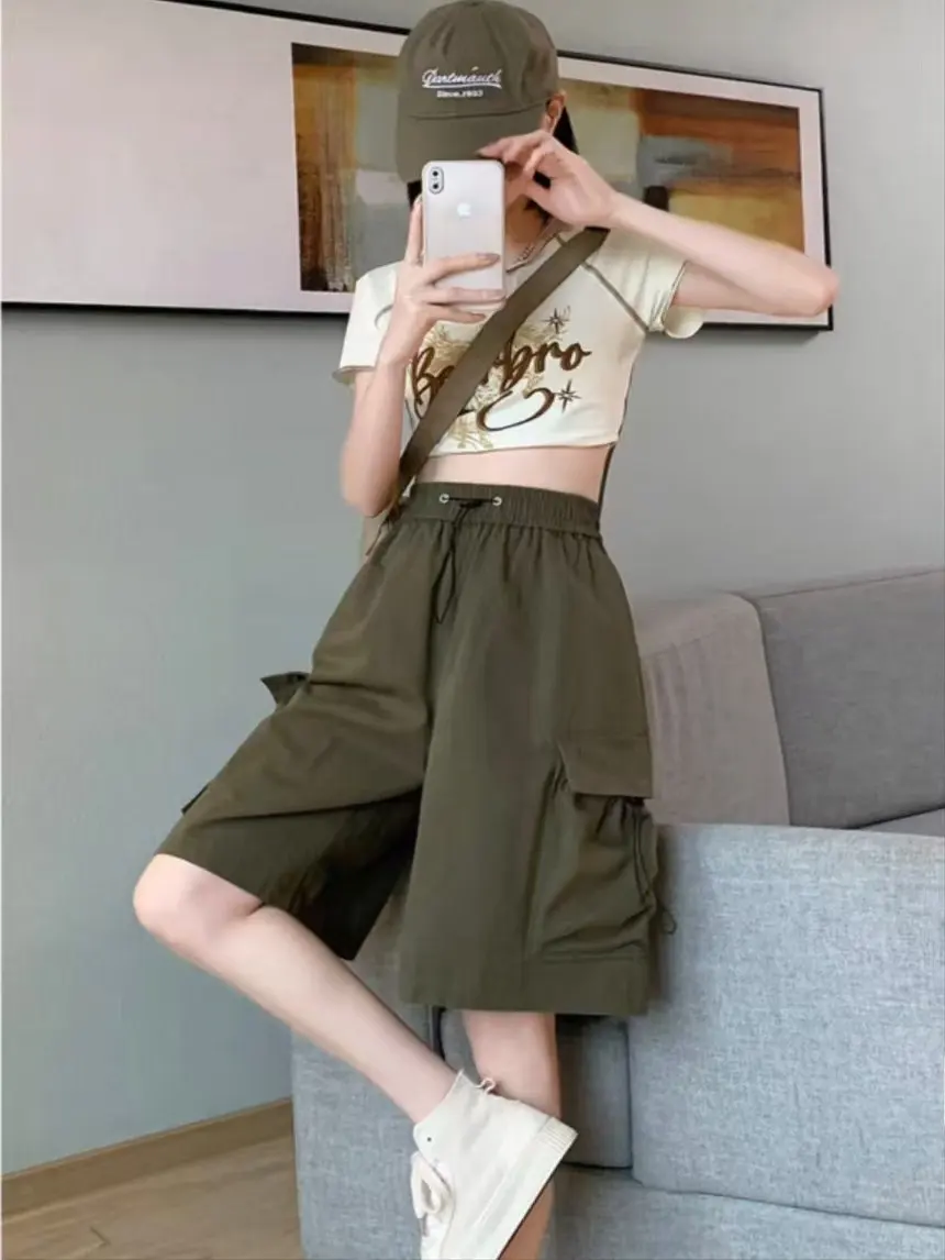 Red Workwear Short Pants Women's Summer Thin American Casual High Waist Wide Leg Sport Five-Point Pants Design Sense
