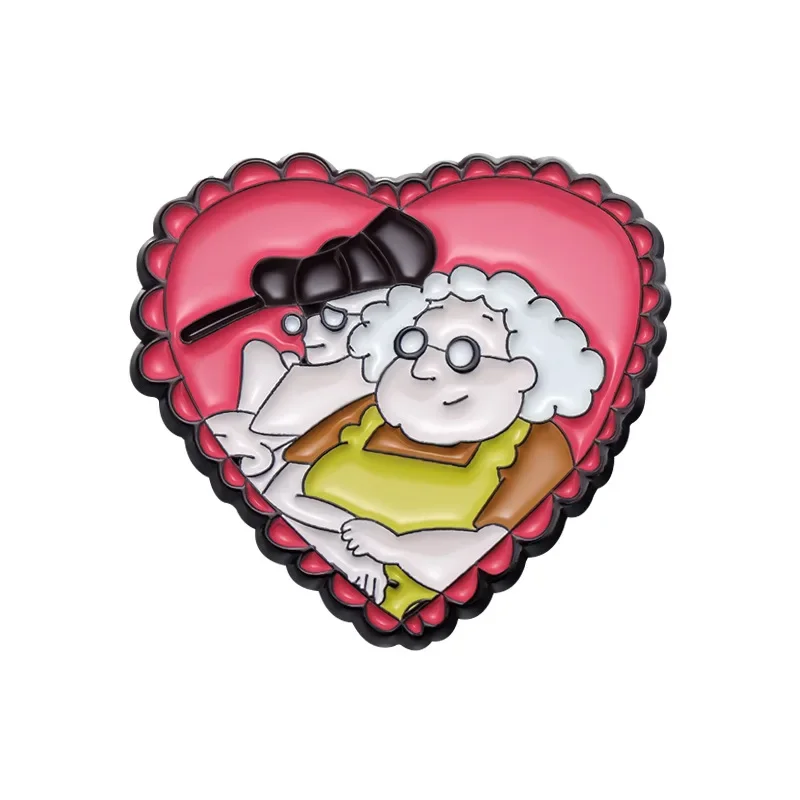 Cartoon Grandpa Grandma Character Design Brooch Creative Red Heart Shaped Metal Badge Women's Brooches Badges on Backpack