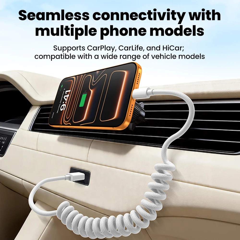 100W Car Spring Data Cable Braided USB C To Type C Fast Charging Cable for iphone 15 16 17 Huawei Honor Xiaomi USB Type C Cable