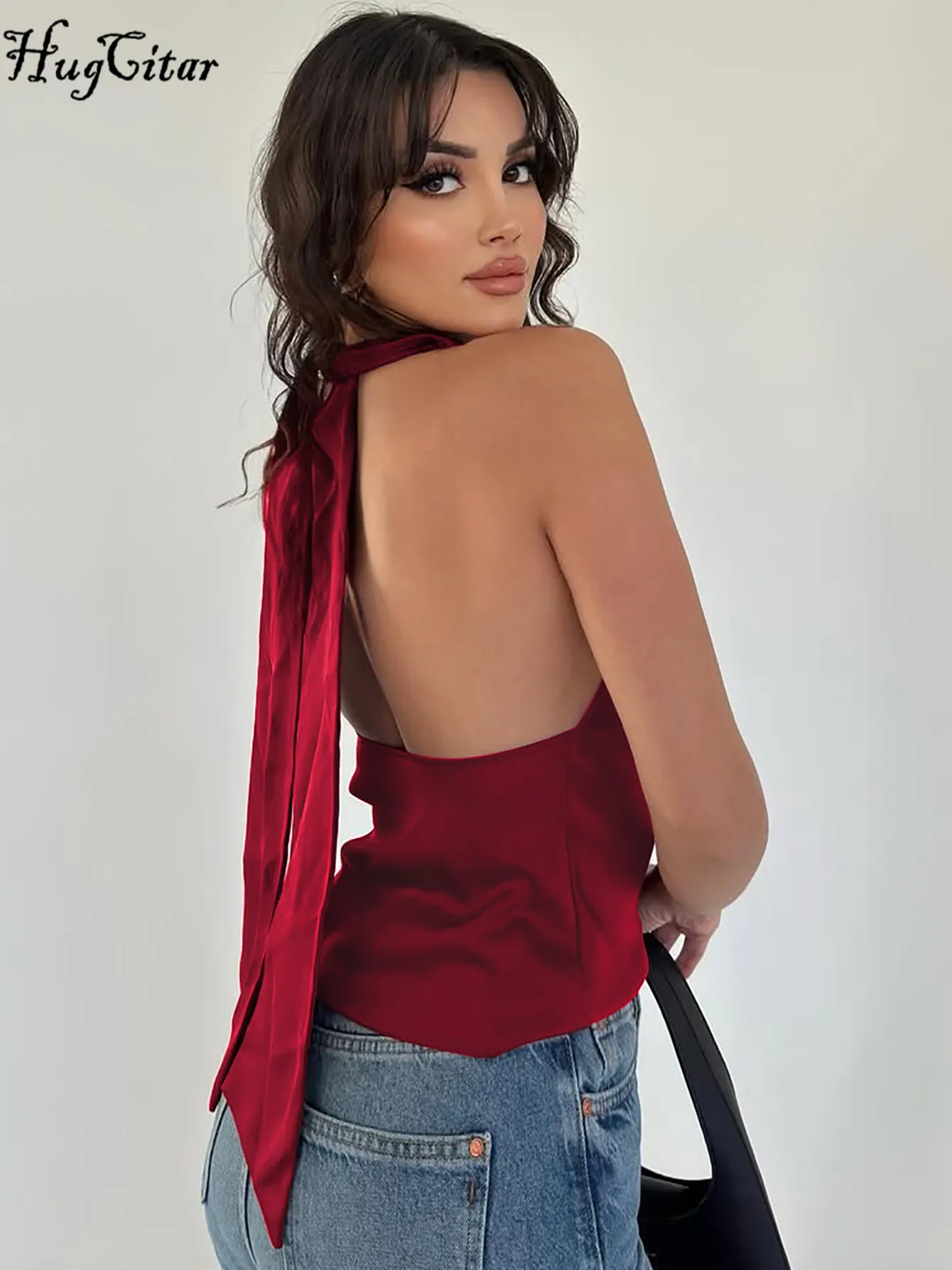 Hugcitar Moda Colletto altalena Halter Backless Fasciatura sexy Canotta solida Vacanza estiva Y2K Abbigliamento donna Streetwear Party