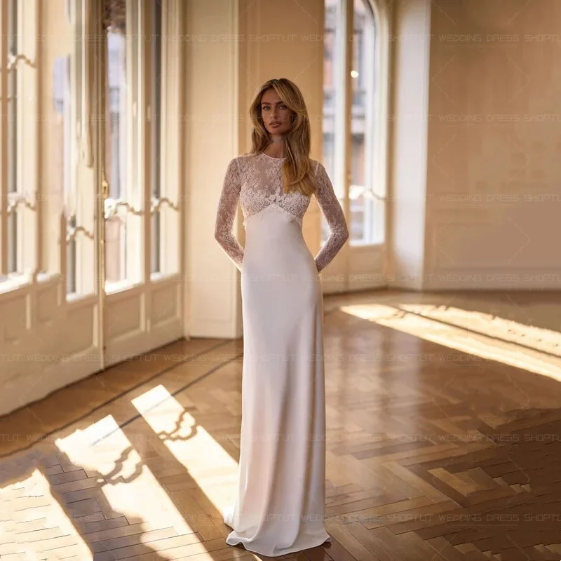 TLIT Customized Boho Sexy Sheath Ivory Long Flare Sleeves Wedding Dresses O-Neck Lace Decoration Satin Court Train Bridal Gowns