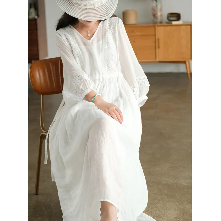 Été ample minceur ceinturé Long Dr deux pièces ensemble artistique Sle dentelle épissage v-ne couleur femmes Dr