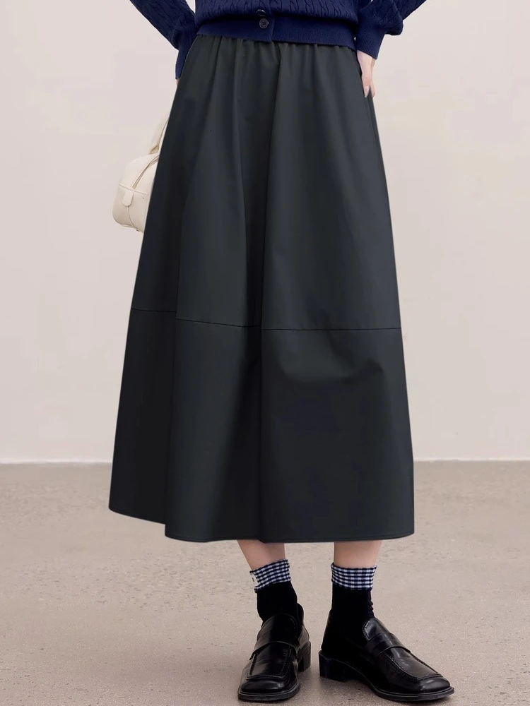 SENTUBILA faldas acampanadas para mujer 100% algodón 2025 otoño faldas largas negras holgadas simples falda cálida y cómoda para mujer de oficina 153QG2856