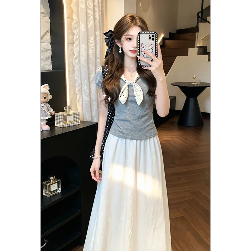 

Chic Grey Knot Splice High Waist Slimming Half-length Skirt Set Women's Fashionable Casual Style Summer Two-piece Set