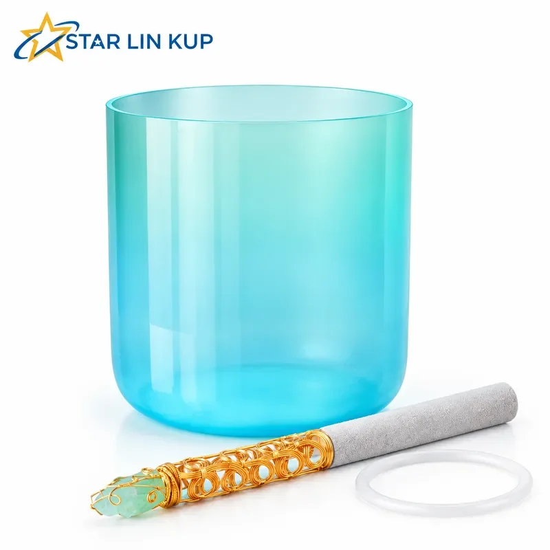 STAR LIN KUP 432Hz Pink Ocean Powder Blue Gradient Clear Alchemy Crystal Singing Bowl with Accessories for Meditation Healing