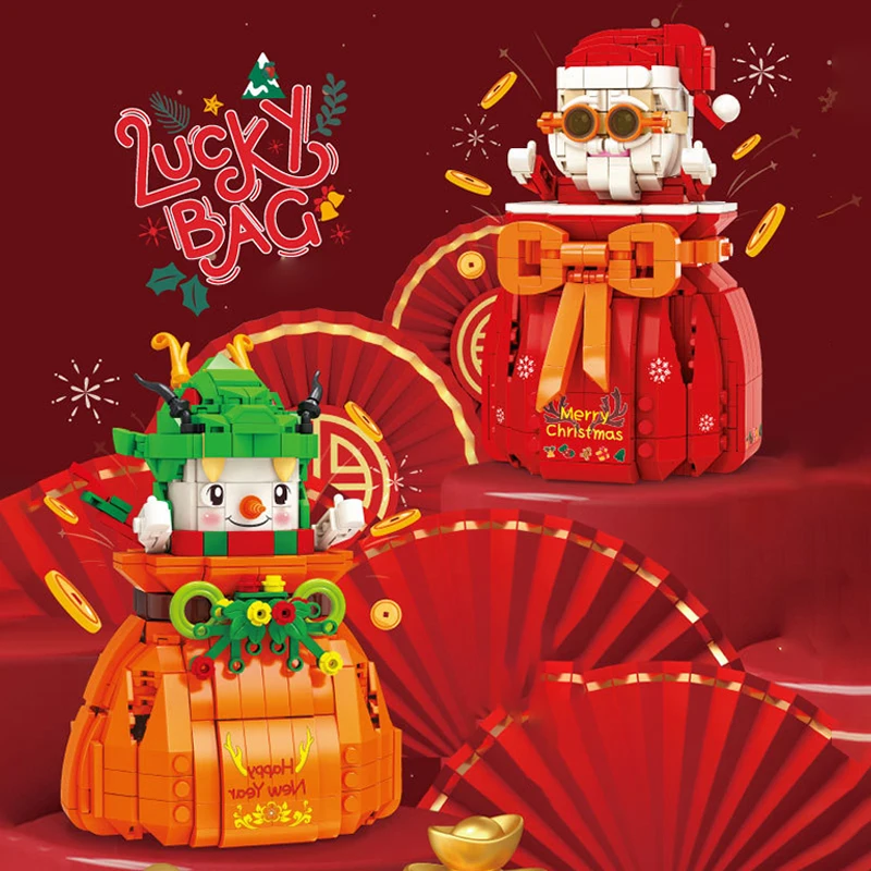 

Christmas Santa Claus Lucky Bag Building Blocks Snowman Money Bag Desktop Storage Decoration Assembly Brick Toys Kids Xmas Gifts