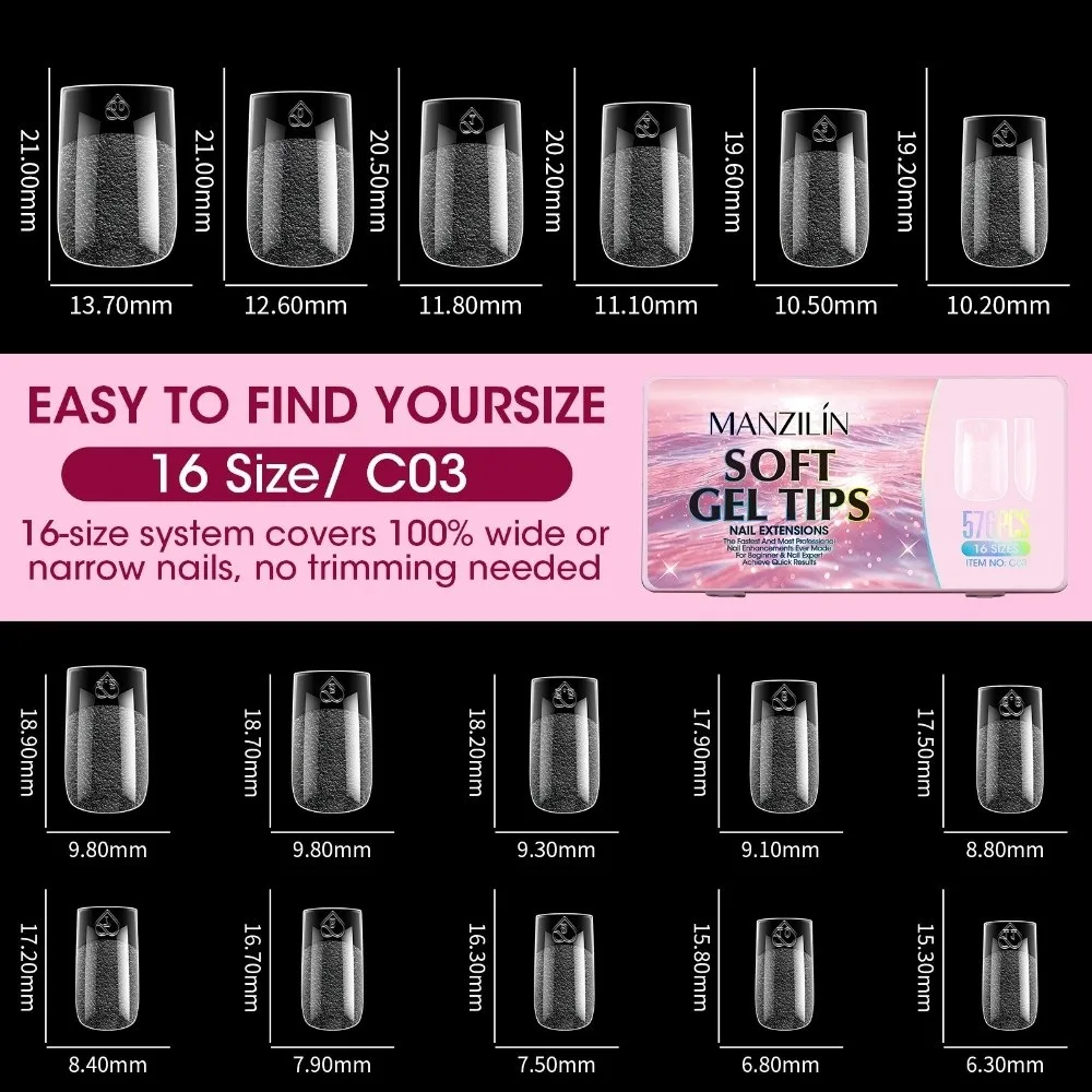 576Pcs Full Cover Press On Nail Tips 16 Sizes Clear Nail Extension Tips Reusable Quickly Extend Gel Nail Tips For Nail Extension