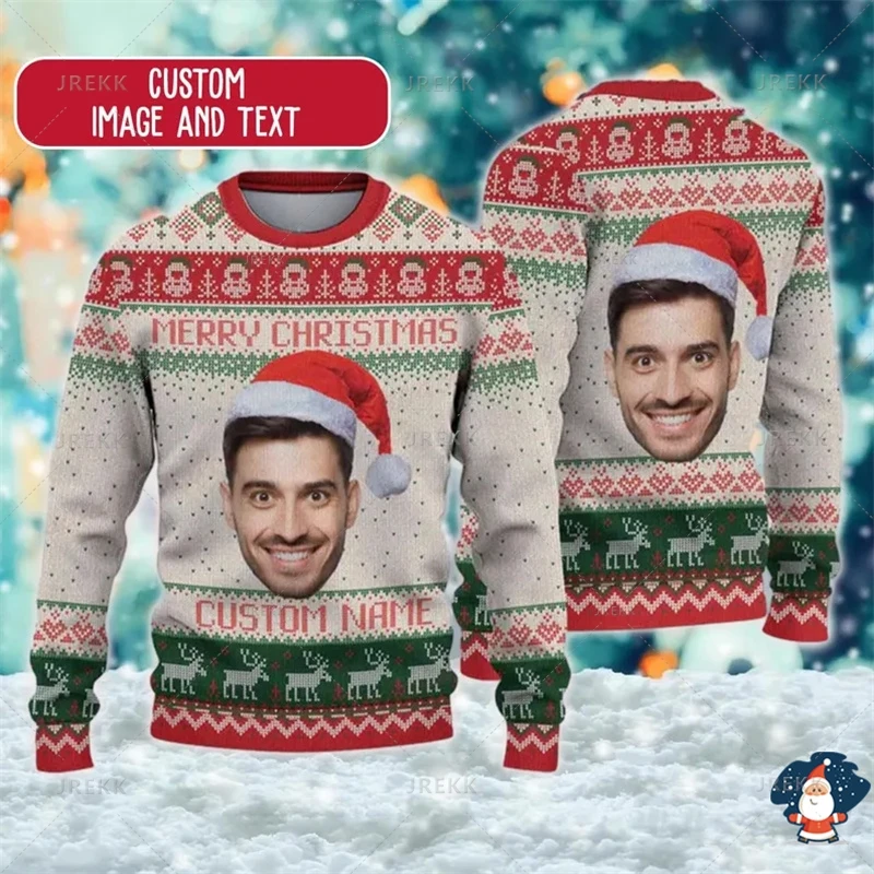 

3D DIY Photos LOGO Printed Ugly Christmas Sweaters Custom Picture Mens Sweater Merry Christmas Sweatshirts Crew Neck Sweatshirts