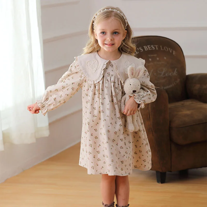 2025 New Spring Sister Dress 2-7Yrs Girl Party Dress Long Sleeved Cotton Flower Print Kids Princess Dresses Children Clothes