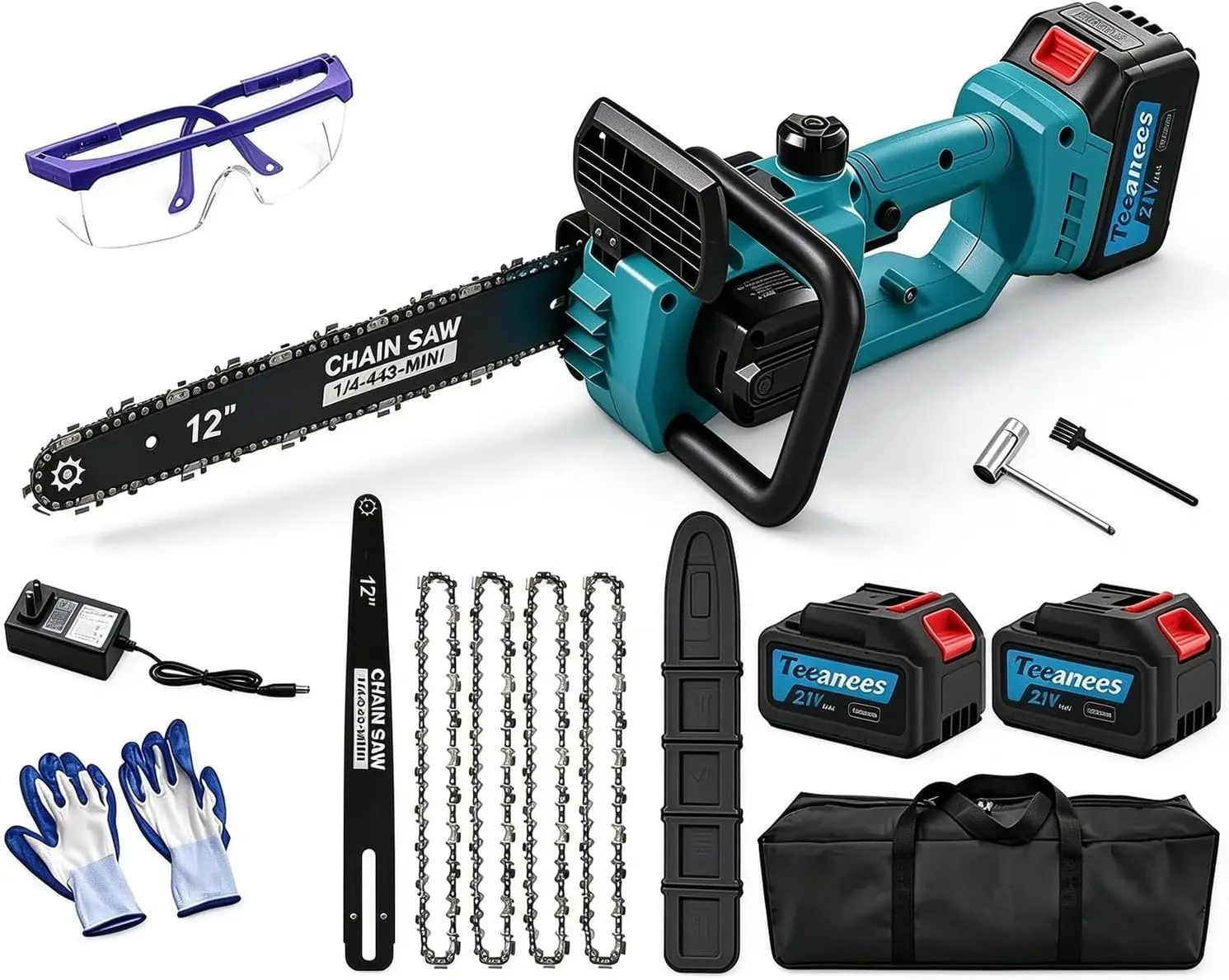 12 Inch Brushless Cordless Electric Chainsaw, 1200W High Power with 2 x 4.0Ah Batteries, Auto-Oiler and 4 Chains