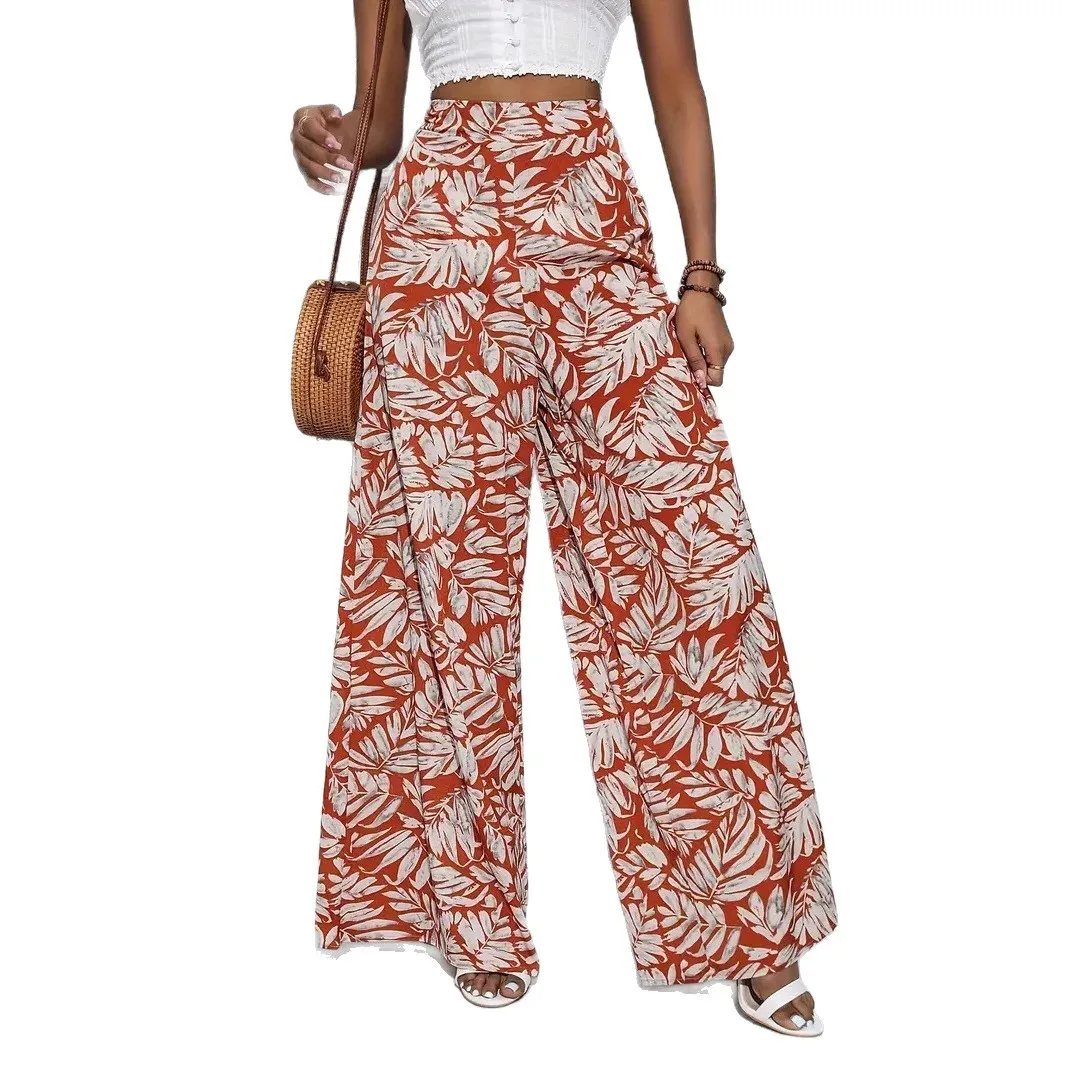 Women Pants High Waist Printed Trousers Tropical Print Digital Print Wide Leg Pants Navy Blue Green Palm Print Orange Pants