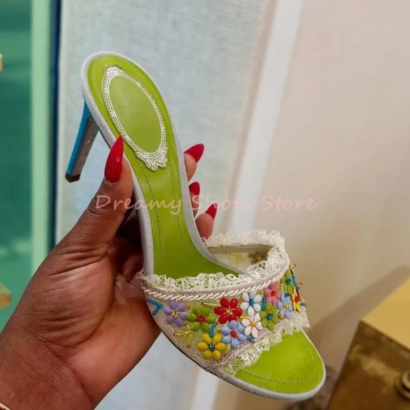 

Зеленые кружевные тапочки на шпильке с цветочным декором, женские белые шлепанцы без шнуровки с открытым носком, модные милые женские тапочки для вечеринок и отдыха