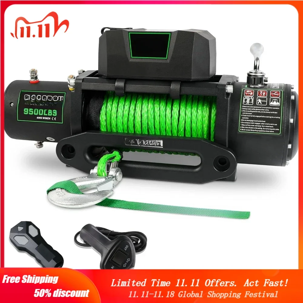 

9500lb Electric 12V Waterproof Electric Synthetic Rope Winch with Wireless Handheld Remote