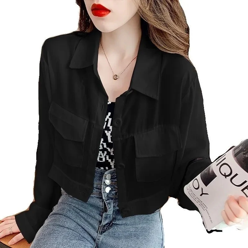 Thin Chiffon Sunscreen Women\'s Jacket 2022 New Summer Casual  Long-Sleeved Cardigan Short Coat Tops Green White Black Outerwear