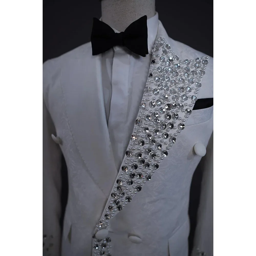 White Jacquard Jacket Tuxedos Men Suits Luxury Beaded Crystal Groom Wedding Sets Male Prom Blazer traje de hombre elegante