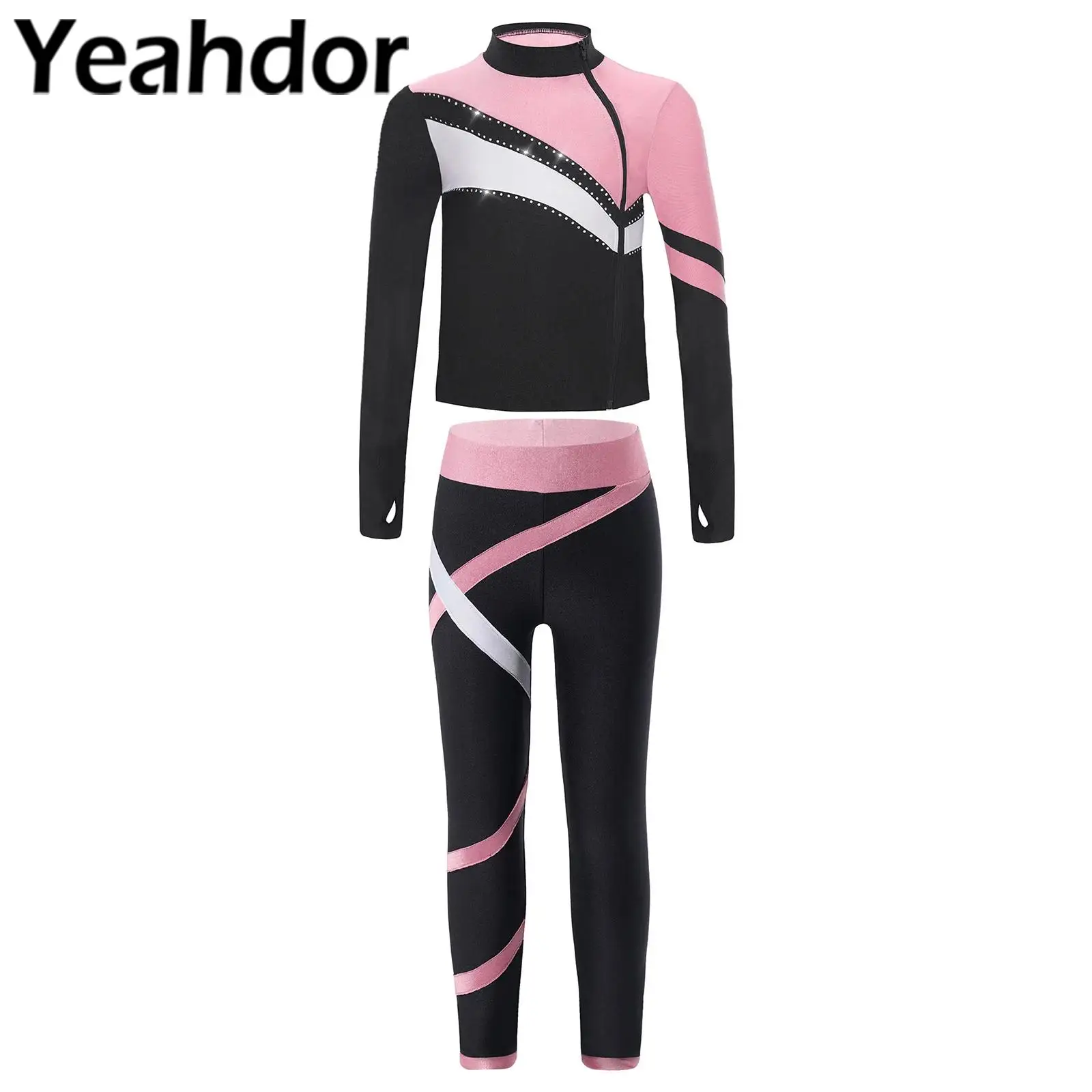 Kids Girls Ice Skating Sports Tracksuit Contrast Color Patchwork Long Sleeve Tops with Leggings Set for Gymnastics Workout Yoga