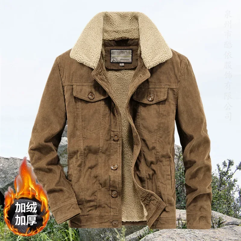 

Men Thick Cargo Jacket Coats Autumn Winter Warm Fleece Windbreaker Mens High Quality Parkas Vintage Corduroy Lined Jacket