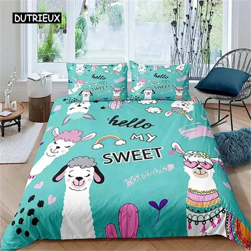 

Cartoon Alpaca Duvet Cover Cute Bedding Set Cartoon Llama Comforter Cover for Boys Girls Teens Animal Theme Bedroom Decor Green