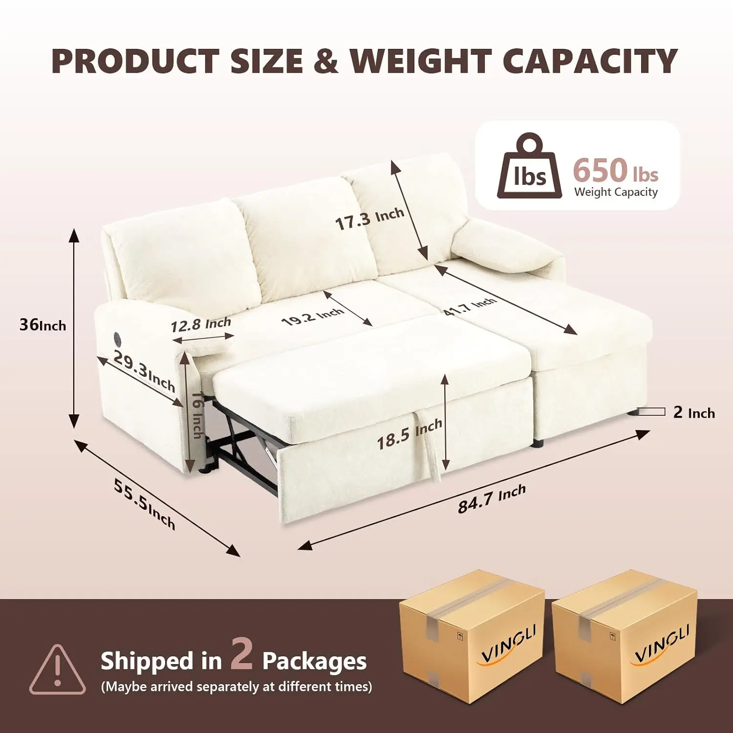 Convertible Sofa Bed With Pull Out Bed, L-Shape Sectional With Storage Chaise, USB & Side Pockets, Beige, Customized