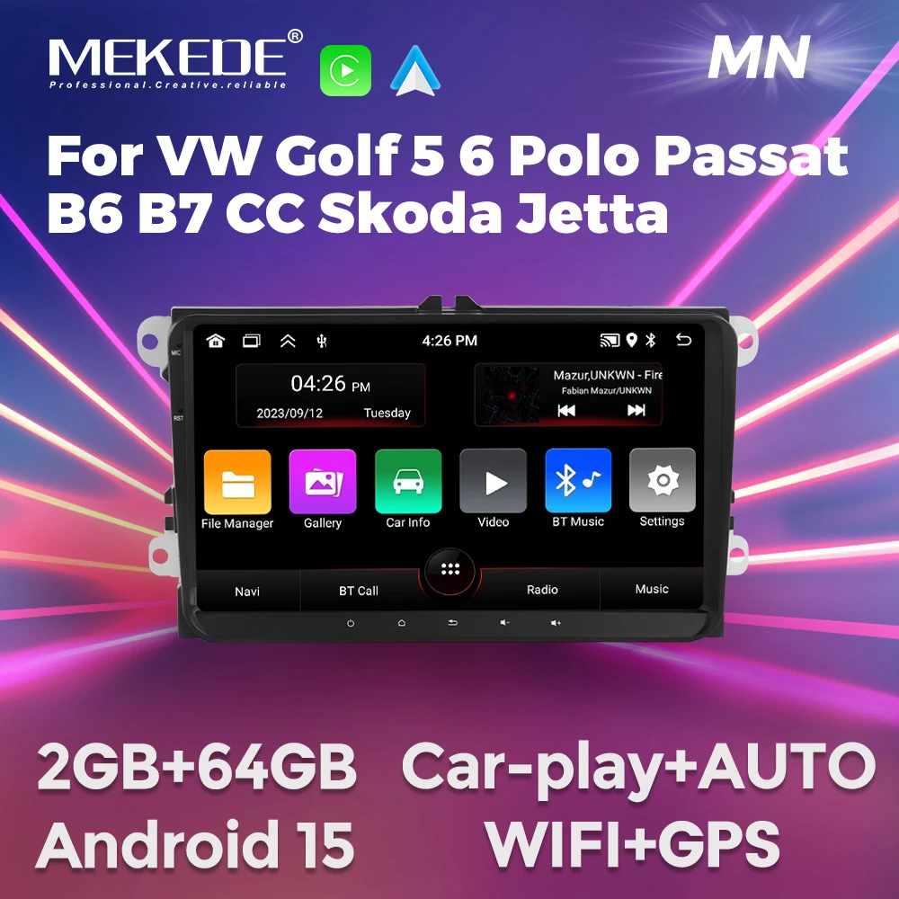 MEKEDE Android 15 64GB Carplay 9inch Car radio For Volkswagen Passat b6 b7 golf 5 6 Polo Jetta Skoda GPS 2 Din Stereo Head Unit