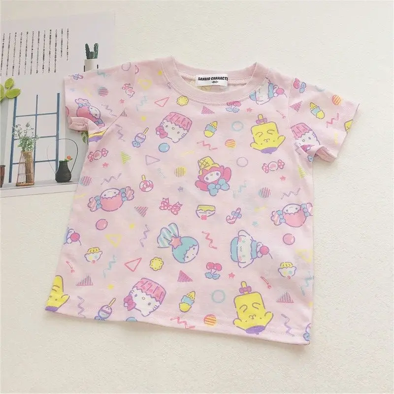 Anime Sanrios Kinder kurz ärmel ige Hallo Kittys Mädchen Cartoon Baumwolle T-Shirt atmungsaktive Mode Tops Sommer dünne Kinder kleidung