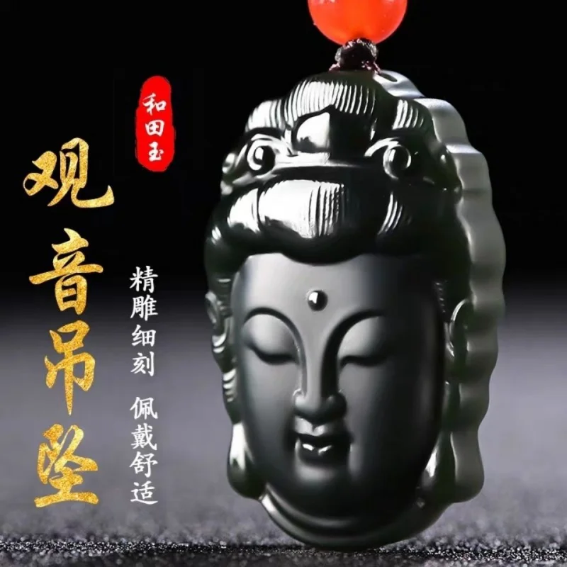 Natural Nephrite Green Jade Guan Yin Necklaces Men Women Fine Jewelry Genuine Chinese Hetian Jade Buddha Head Pendant Necklaces