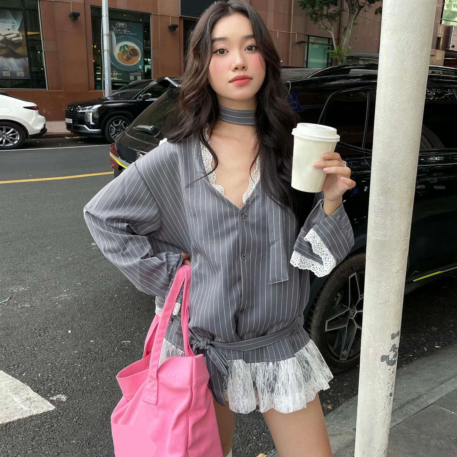 

New Sweet Temperament Lace Edge Striped Waist Strap Long Sleeve Dress