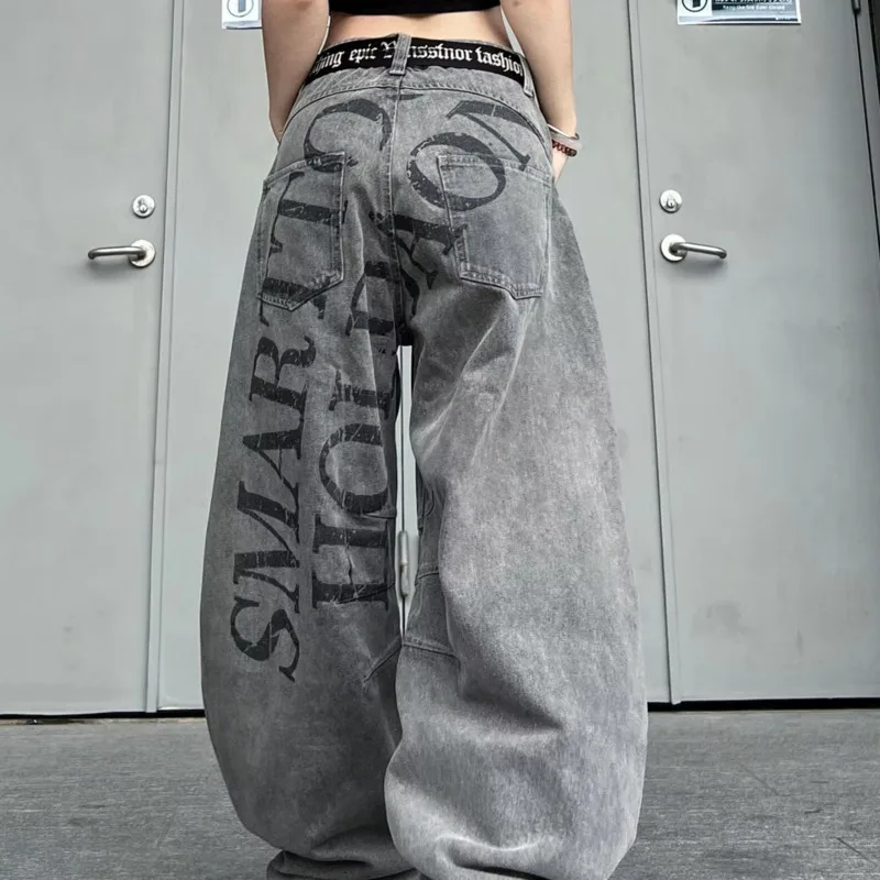 ANJY خريف جديد الأمريكية خمر العصرية خطابات طباعة المد الدنيم السراويل للجنسين فضفاض ملابس الشارع الشهير شيك واسعة الساق الجينز A15407