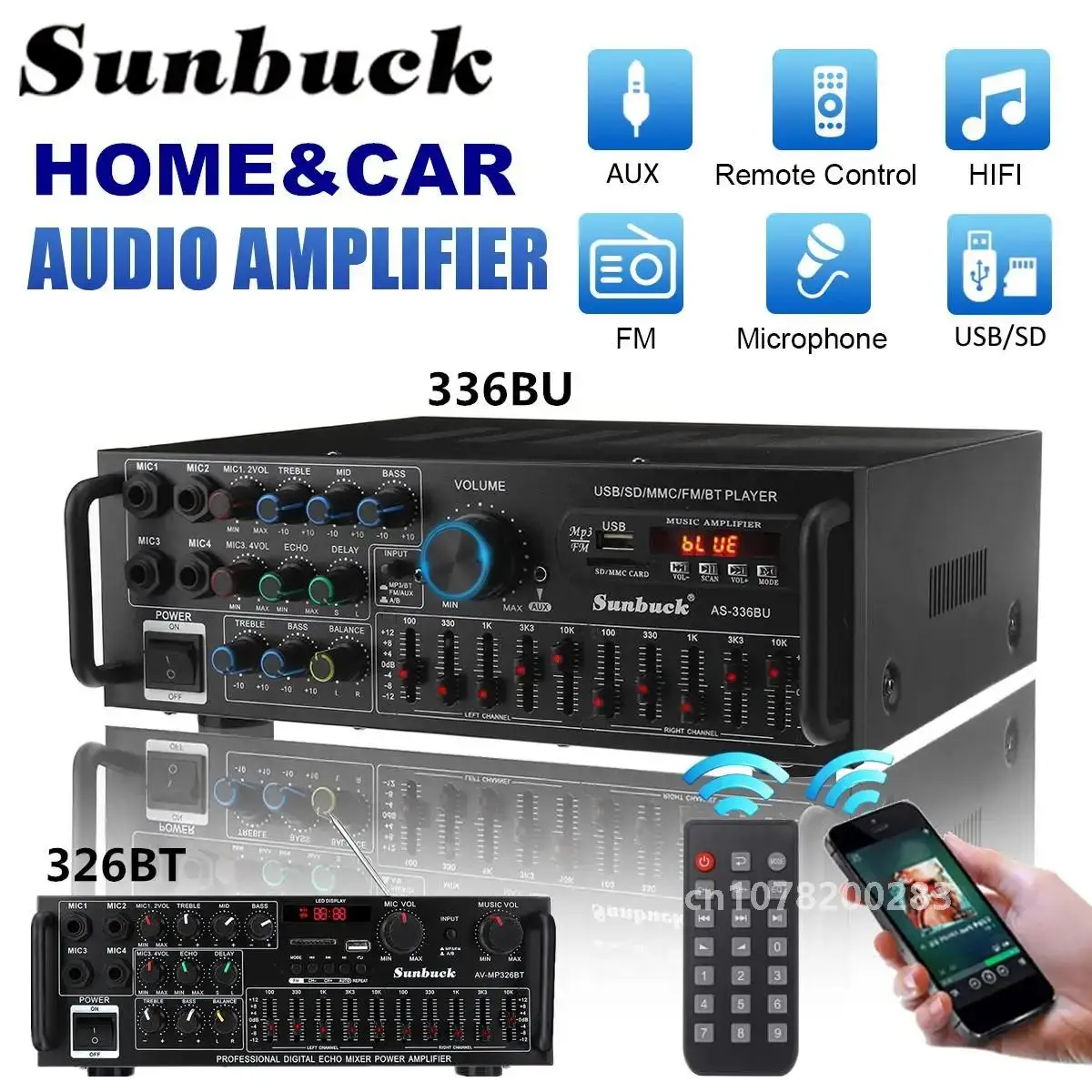 NEW 2000W Bluetooth Stereo Amplifier Surround Sound USB SD AMP FM DVD AUX LCD Display Home Cinema Karaoke Remote Control 336BU