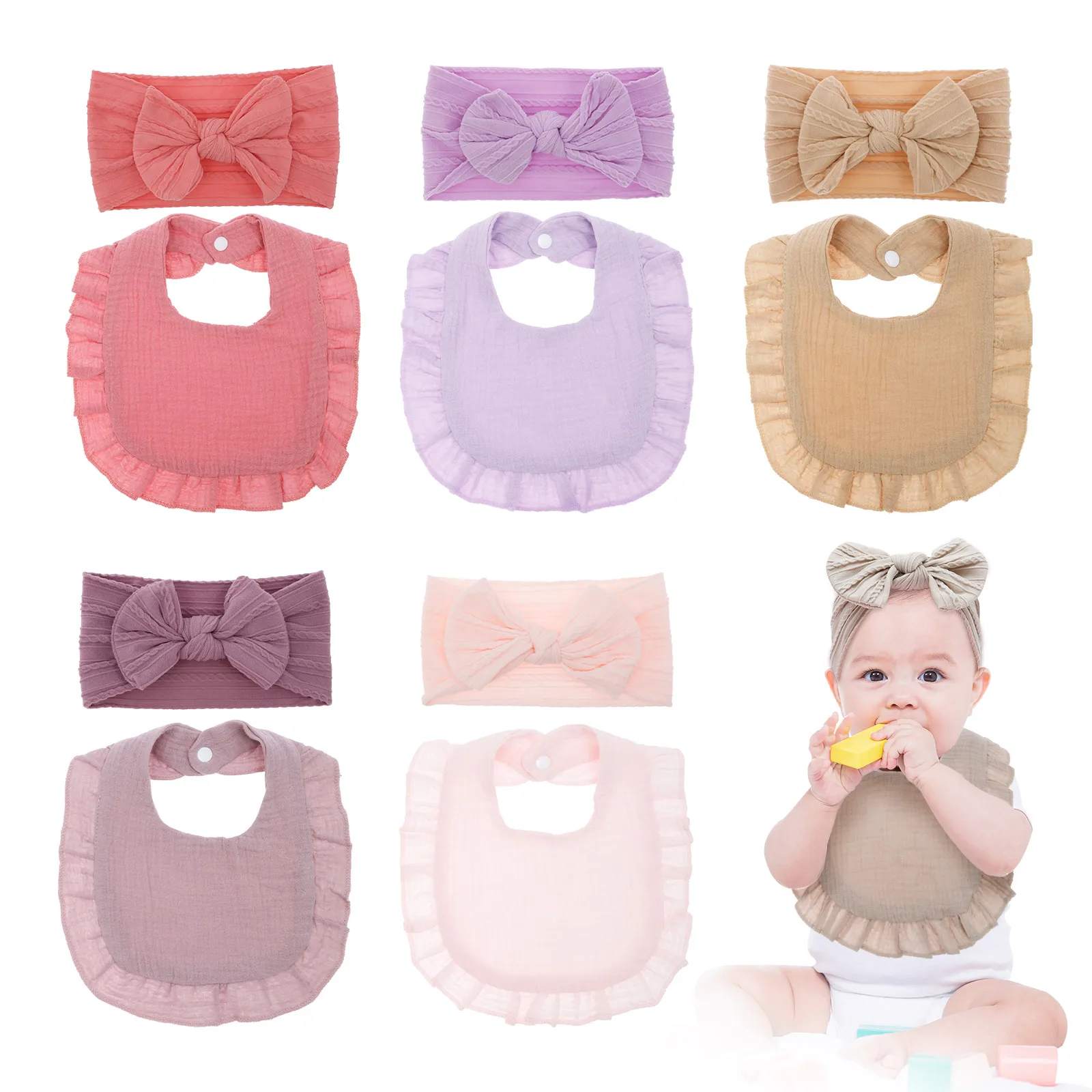 

3Pcs/Set Baby Drool Bibs & Headbands Bow Soft Cotton Feeding Burp Cloth For Newborn Toddler Kids Bibs Boys Girls Headwear