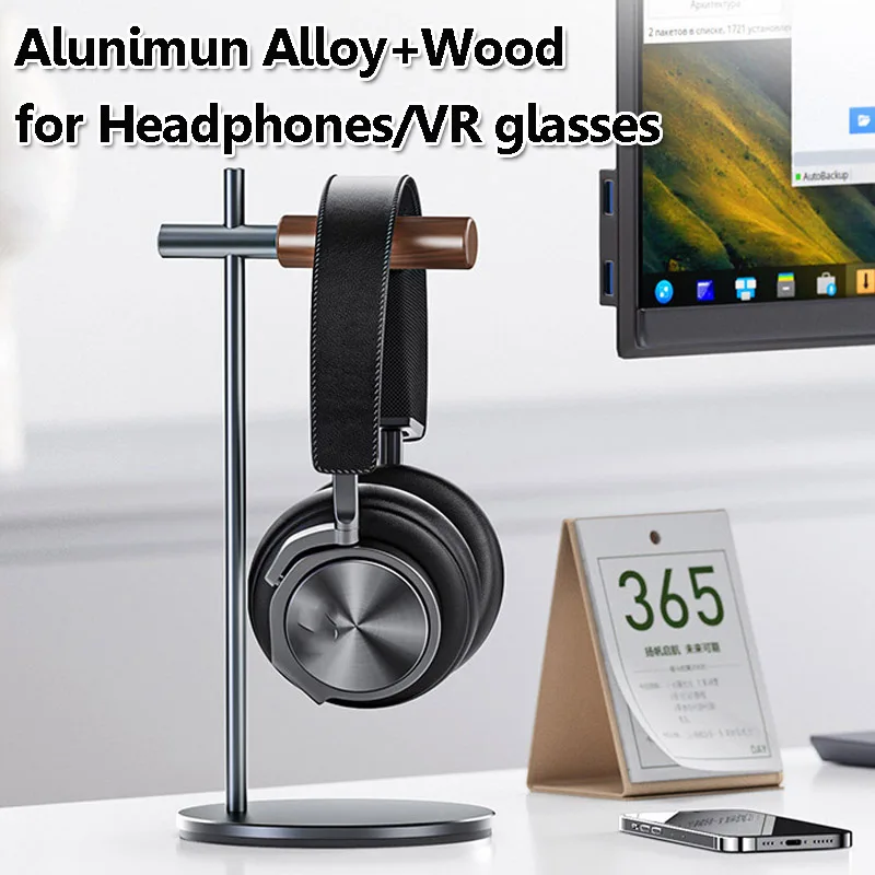 Universal Headphones Stand Aluminum Alloy+Wood Gaming Headset Desktop Bracket Display Shelf with Anti-slip Pad for VR Glasses