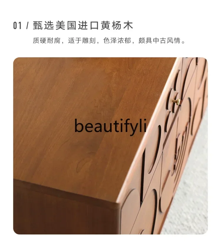 S1S Medieval style dining side cabinet, high-grade solid wood carving flower entrance cabinet