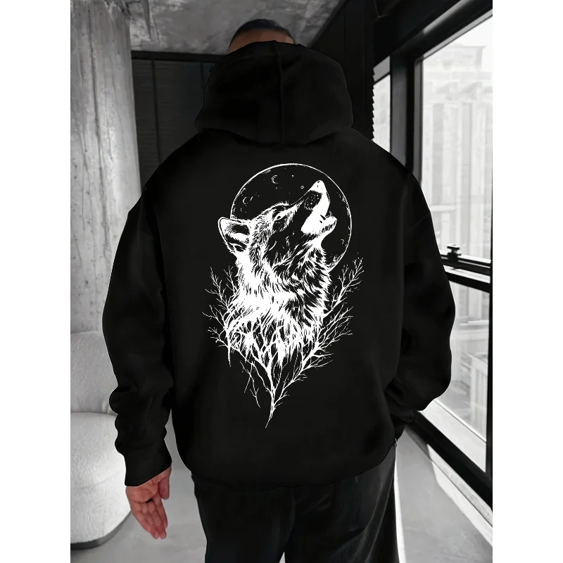 Unisex Hoodie Howling Wolf Print Pullover Gothic Streetwear Vintage Loose Long Sleeve Sweatshirt Men Women Trendy Casual Tops