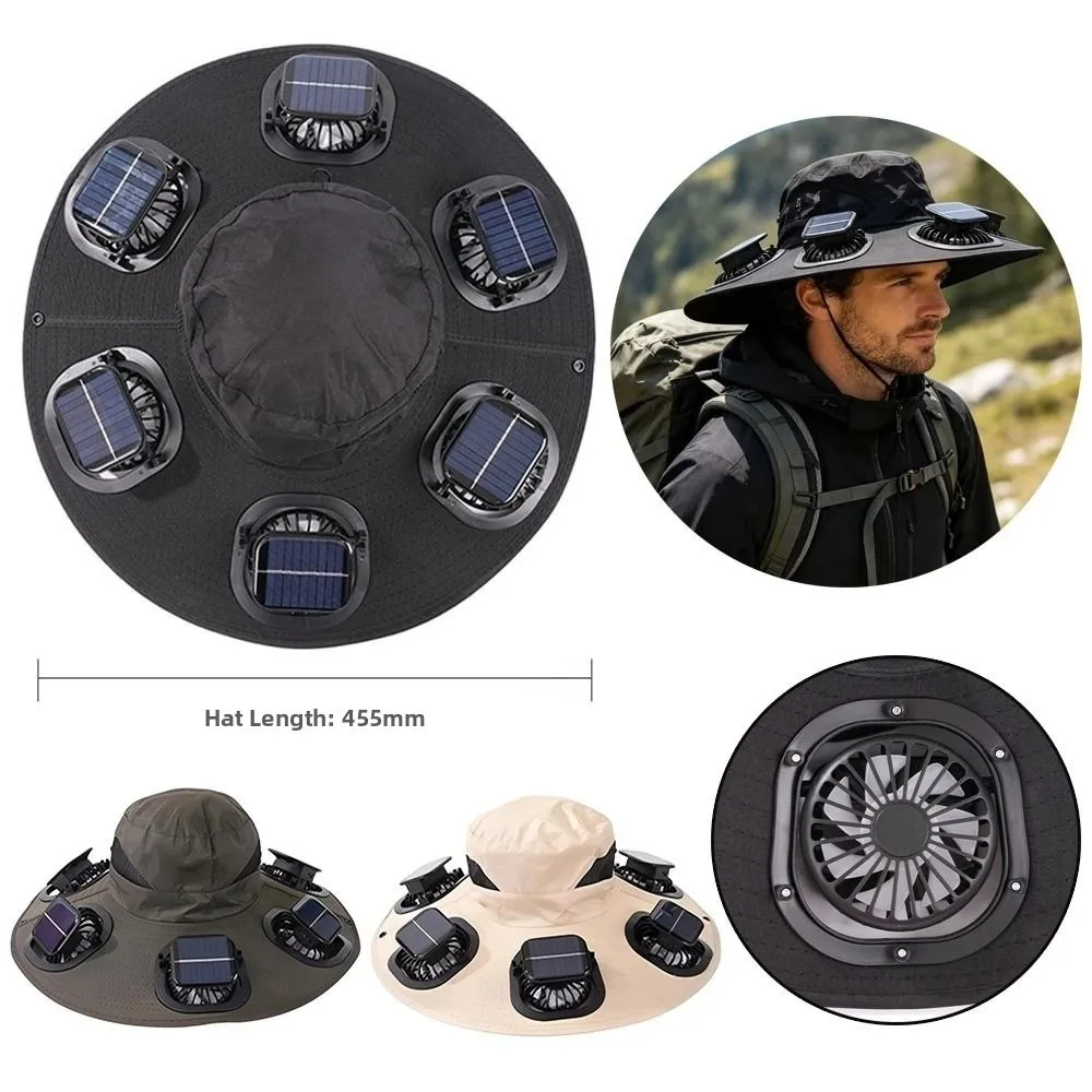 New 6 Fans Solar Fan Hat Breathable Wide Brim Fan Visor Cap Adjustable Solar Powered Solar Cooling Hat Outdoor Hiking