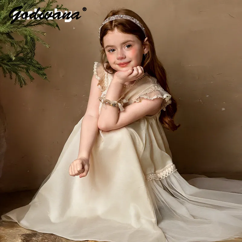 2026 New Spring and Summer Girls Sweet Feifei Sleeve Lace Trim Dress Kids Tencel Lyocell Breathable Loose Princess Long Dress