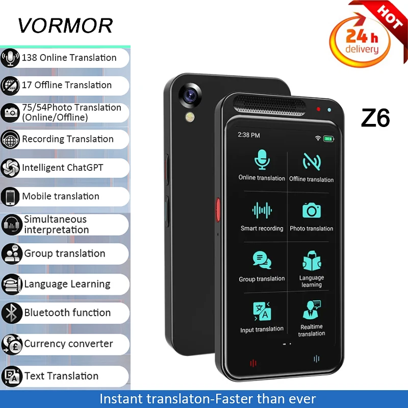 

138 Languages Translator 4.1inch HD Screen Translator Smart Real-time Voice Translation Support Offline&Text&Record,Vormor Z6