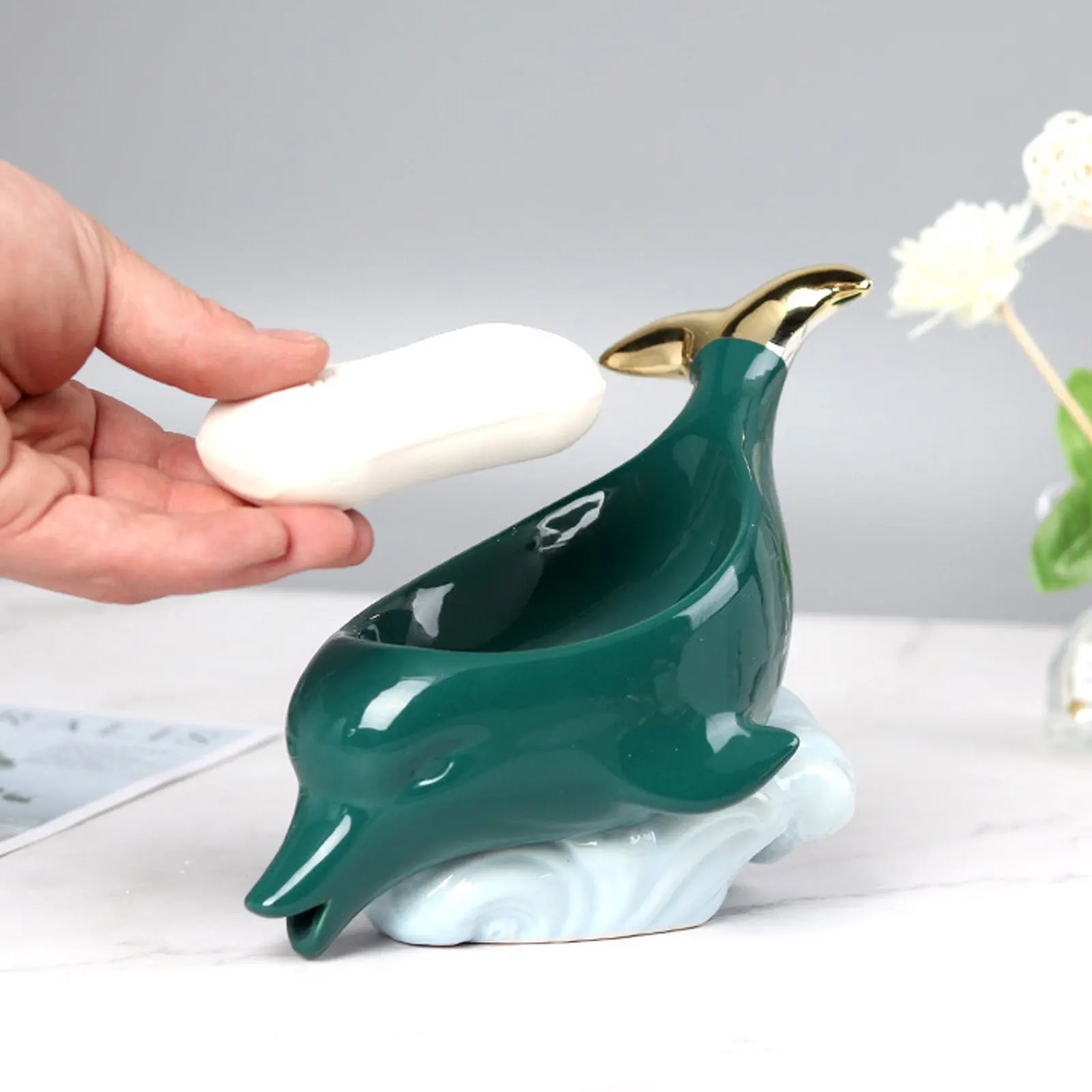 

Ceramic Soap Dish Dolphin Design Easy Clean Smooth Surface Stable Base Soap Holder for Bathroom Shower Wash Table Storage