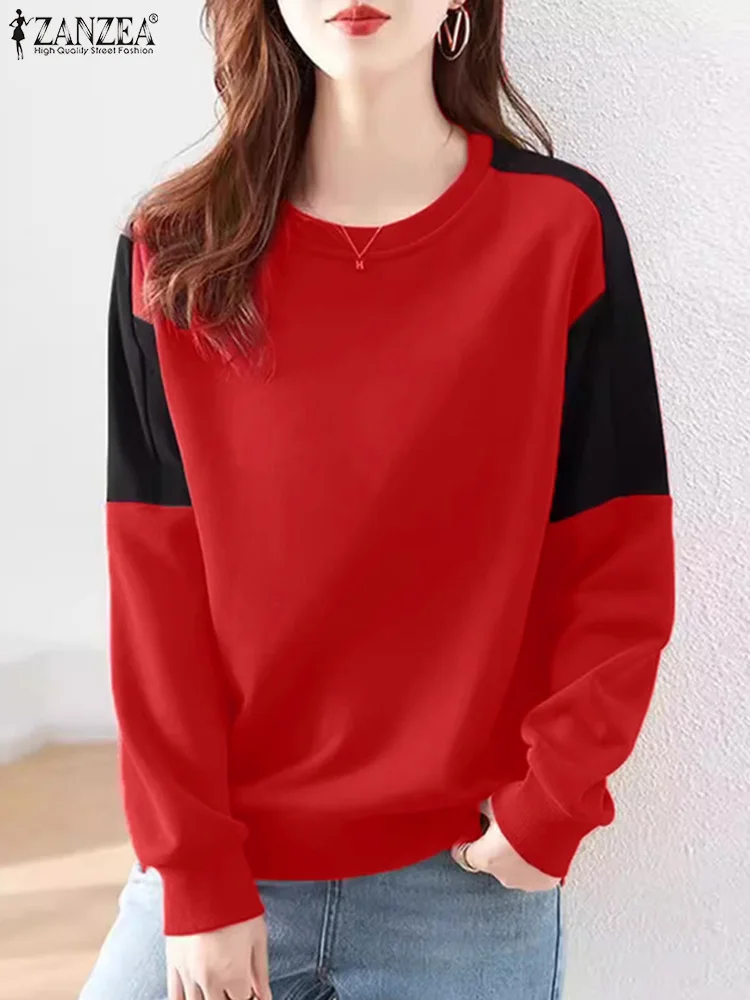 ZANZEA Felpe con cappuccio a blocchi di colore da donna Stile coreano Moda di strada 2024 Autunno Felpe a maniche lunghe Allentato Casual O Collo Pullover Top