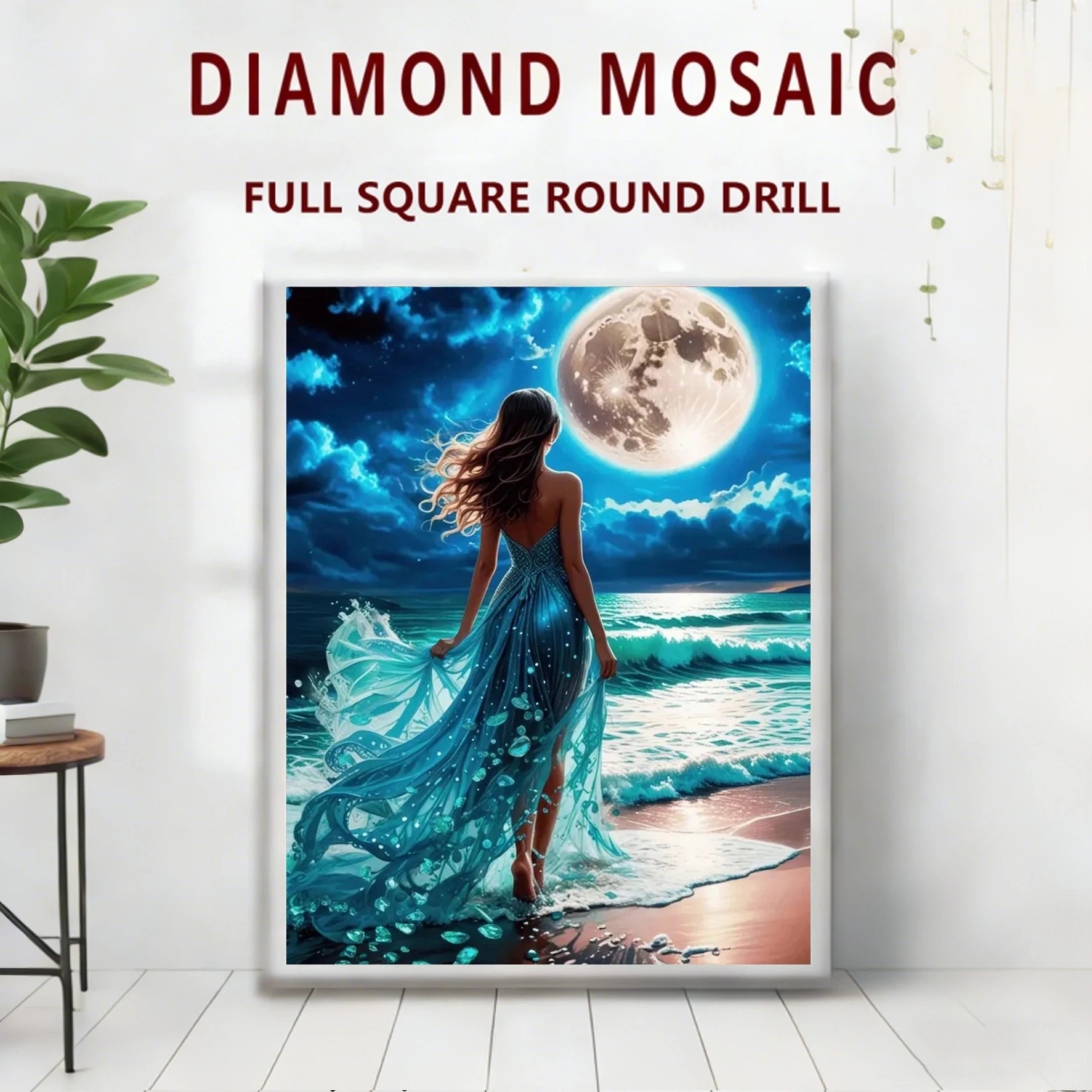 AZQSD Diamant-Malerei Mädchenporträt Küstenlandschaft Diamant-Mosaik-Sets Frau mit Mond Vollquadratische und Runde Diamanten